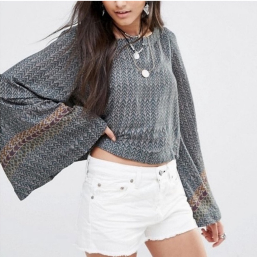 Free People Stars Align crop bell sleeve print top